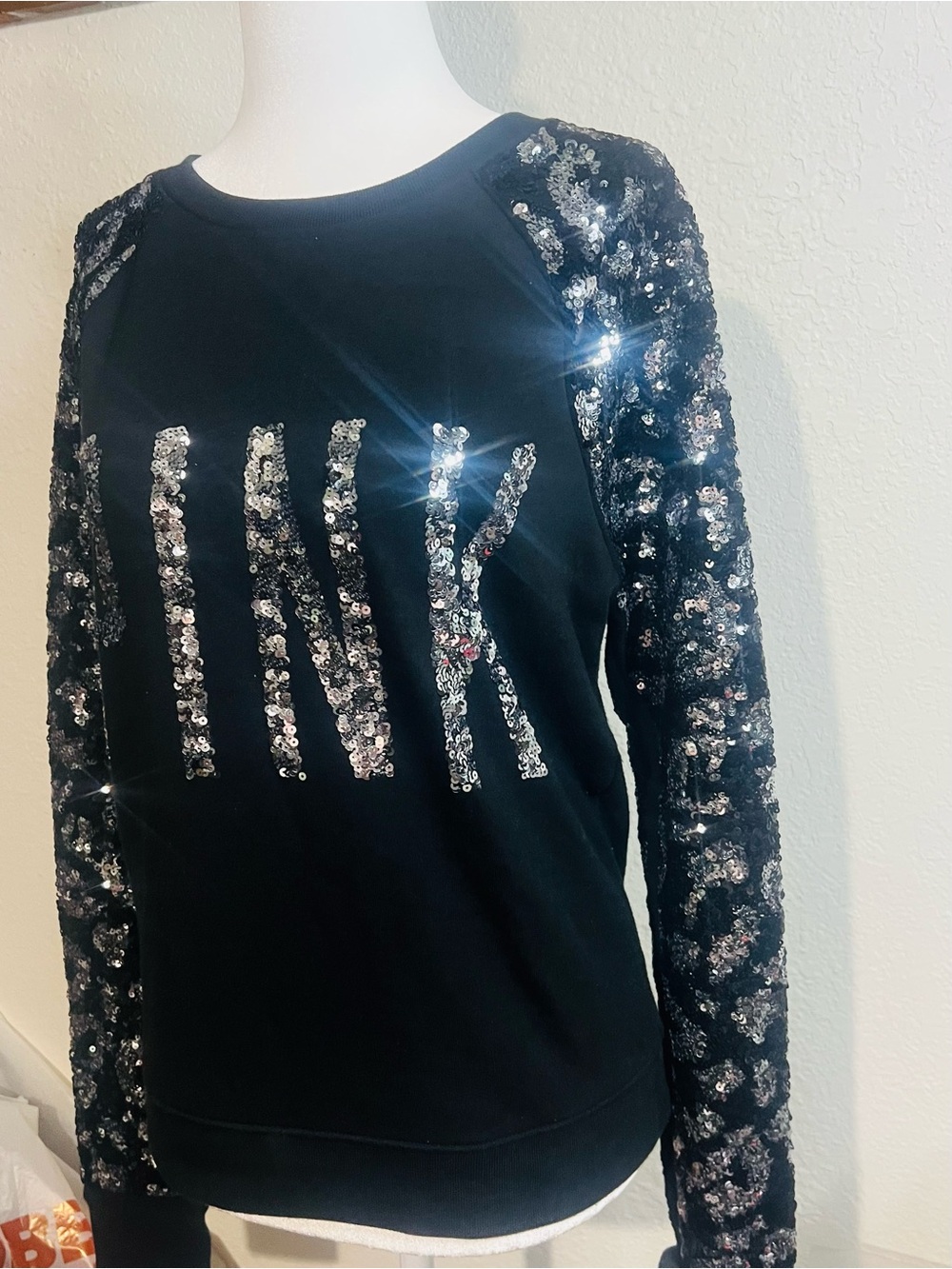 PINK Victoria's Secret Black Sequin Logo Pullover